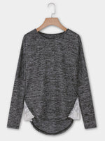 Wholesale Round Neck Embroidered Long Sleeve Stitching Hem Dark Grey T-Shirts