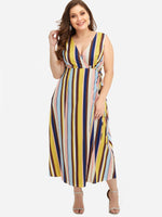 Wholesale V-Neck Stripe Wrap Sleeveless Plus Size Maxi Dresses