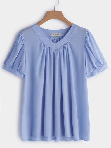 Wholesale V-Neck Plain Pleated Short Sleeve Plus Size Tops