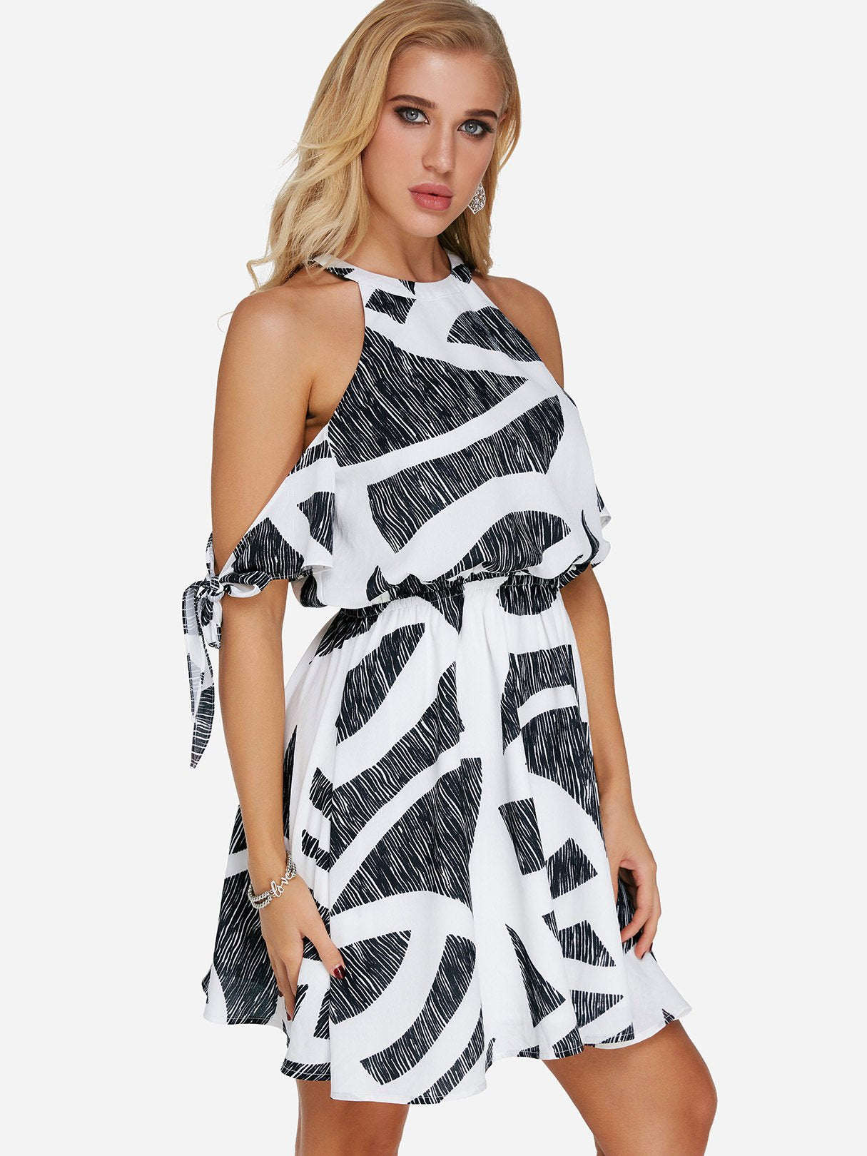 Wholesale Cold Shoulder Half Sleeve Geometrical Self-Tie Bowknot Flounced Hem Casual Dress