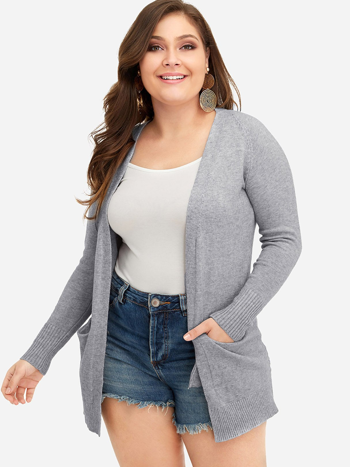 Wholesale Plus Size Open Front Pocket Knit Cardigan