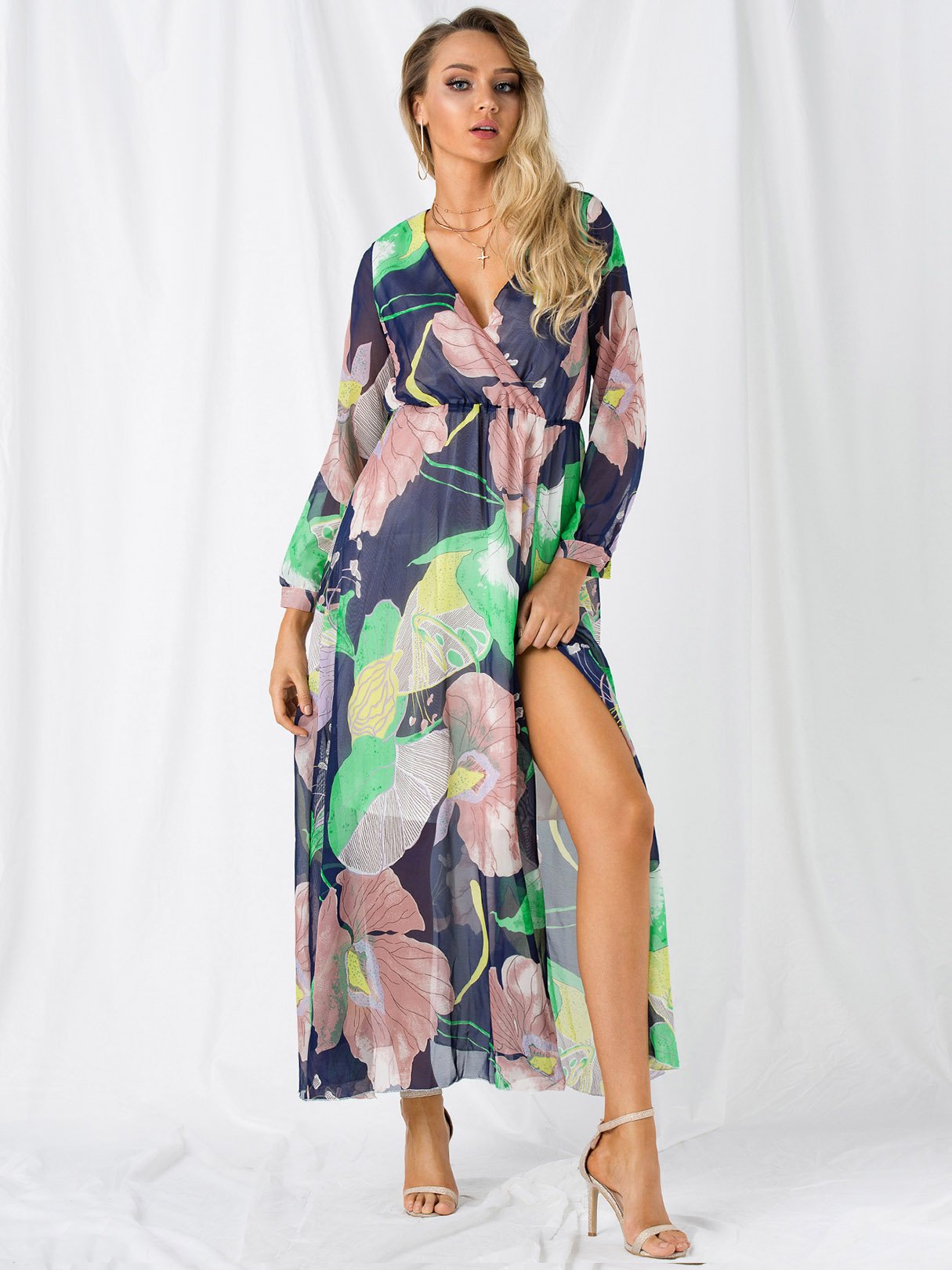 Wholesale V-Neck Long Sleeve Floral Print Slit Hem Maxi Dresses