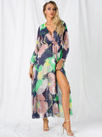 Wholesale V-Neck Long Sleeve Floral Print Slit Hem Maxi Dresses