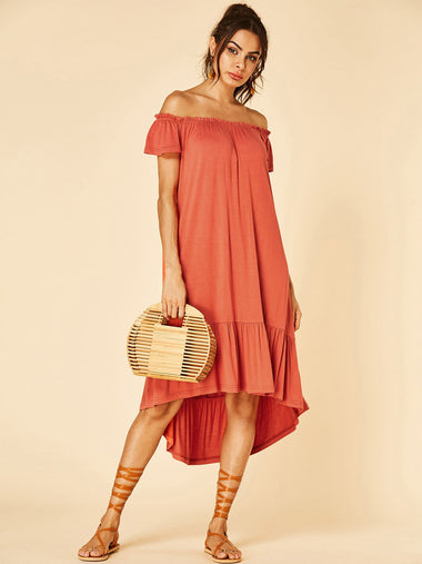 Wholesale Orange Off The Shoulder Short Sleeve Pleated Ruffle Hem Dresses