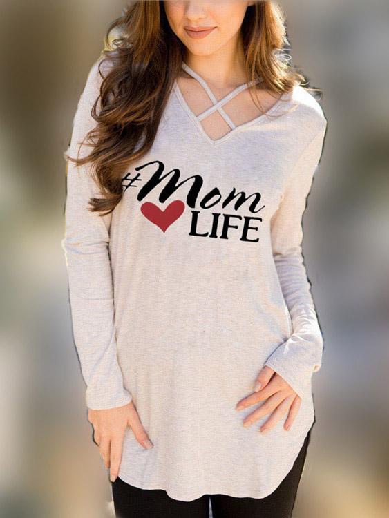 Wholesale V-Neck Letter Crossed Front Long Sleeve Curved Hem Apricot T-Shirts