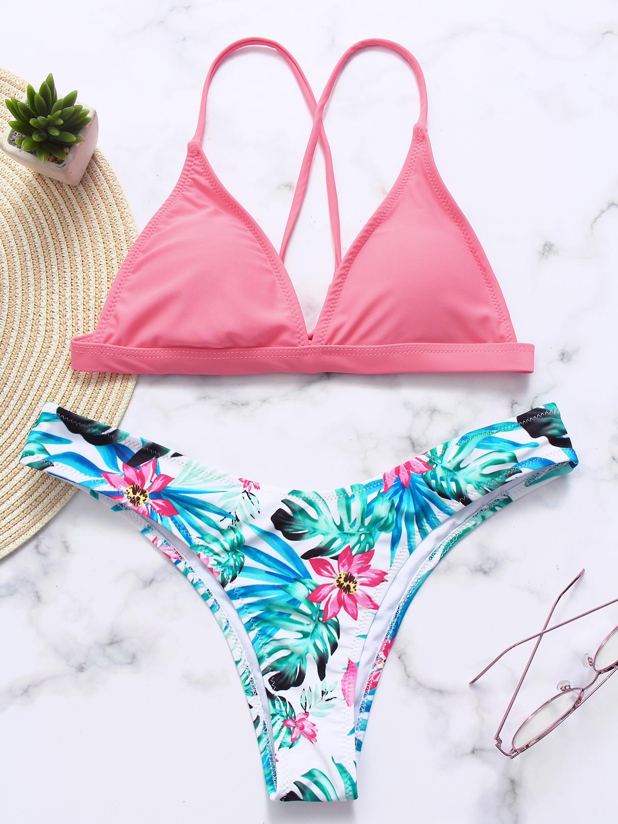 Wholesale V-Neck Sleeveless Floral Print Backless Criss-Cross Tie-Up Two Piece Bikinis