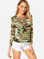 Wholesale V-Neck Camouflage Long Sleeve Green T-Shirts