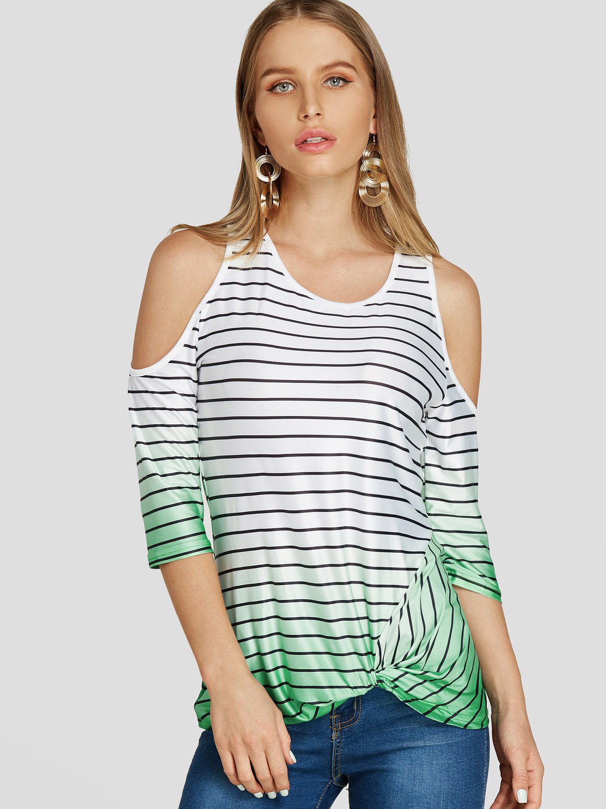 Wholesale Cold Shoulder Stripe Twist 3/4 Sleeve T-Shirts