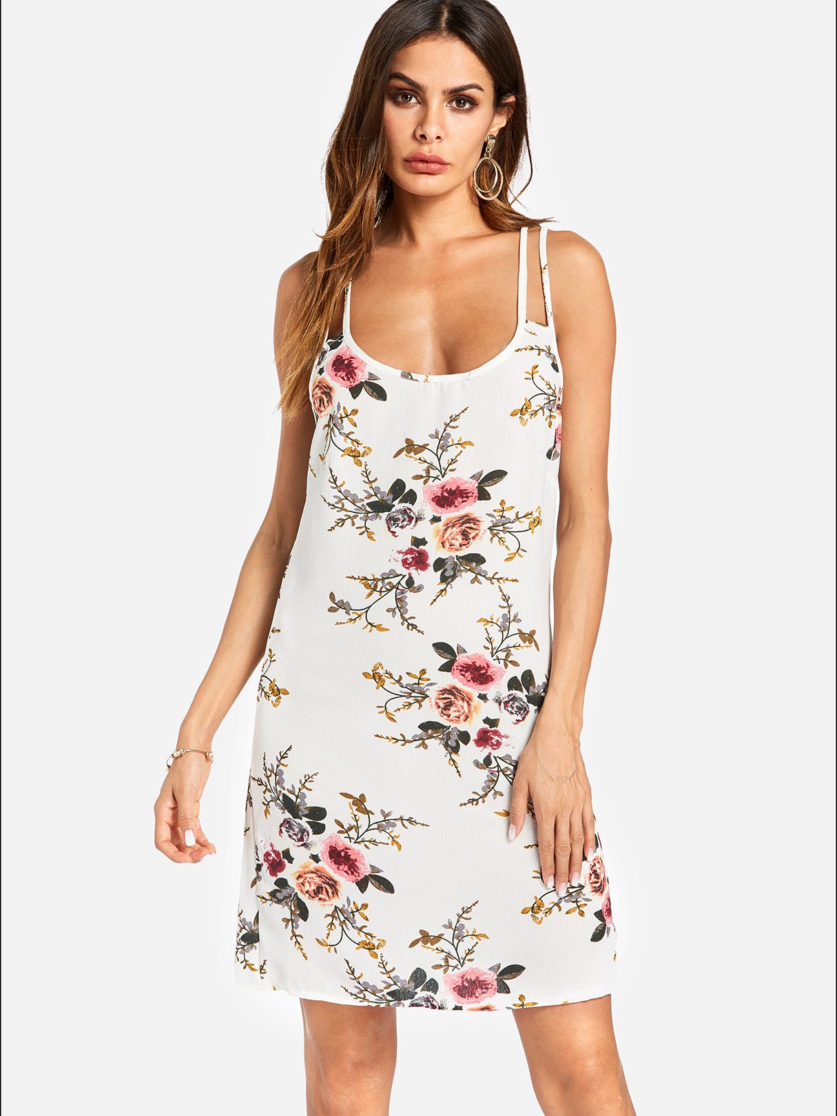 Wholesale White Crew Neck Sleeveless Floral Print Dresses