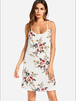 Wholesale White Crew Neck Sleeveless Floral Print Dresses