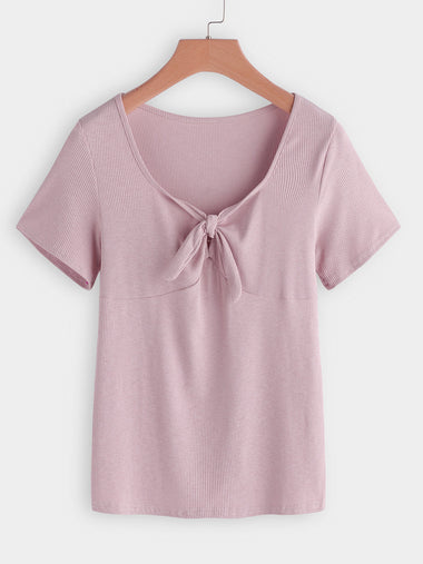 Wholesale V-Neck Plain Self-Tie Short Sleeve Pink Plus Size Tops