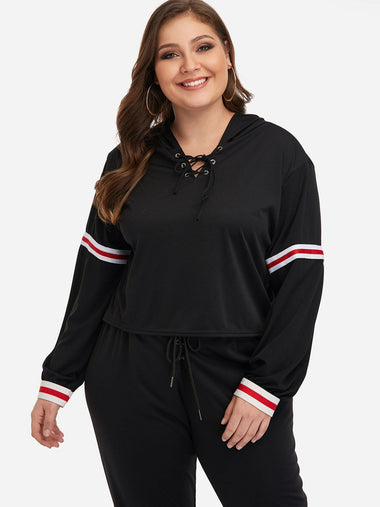 Wholesale V-Neck Hooded Lace-Up Long Sleeve Black Plus Size Tops