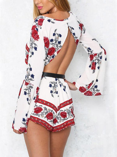 Wholesale Round Neck Floral Print Backless Two Piece Outfits