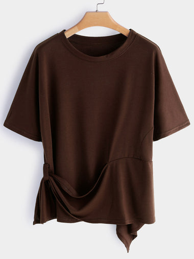 Wholesale Round Neck Plain Short Sleeve Asymmetrical Hem Plus Size Tops