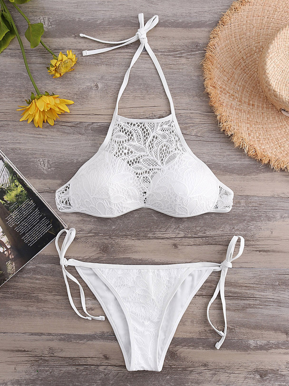 Wholesale White Halter Sleeveless Lace Backless Self-Tie Bikini Swimwear