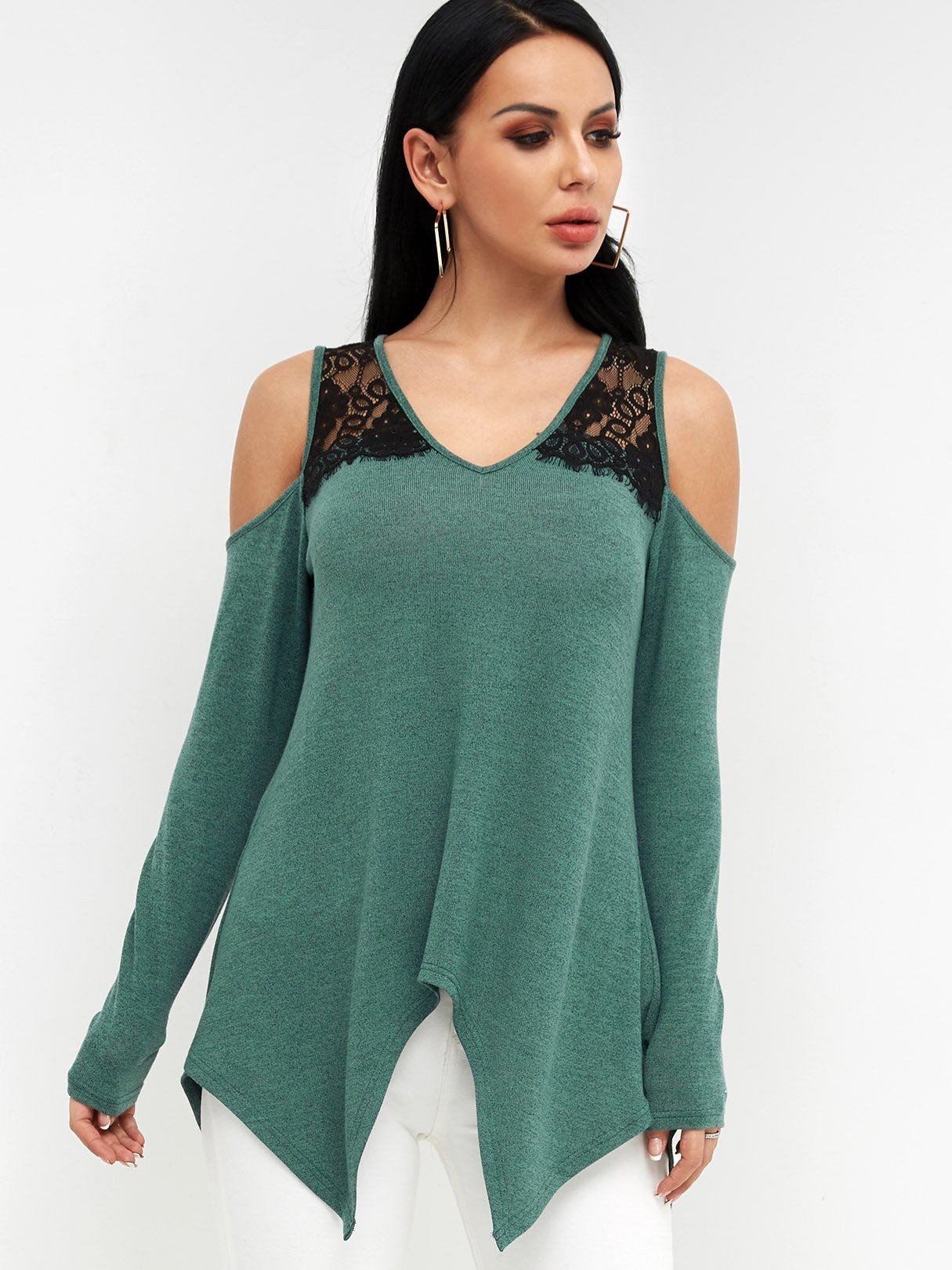 Wholesale V-Neck Cold Shoulder Plain Lace Backless Long Sleeve Irregular Hem Green T-Shirts