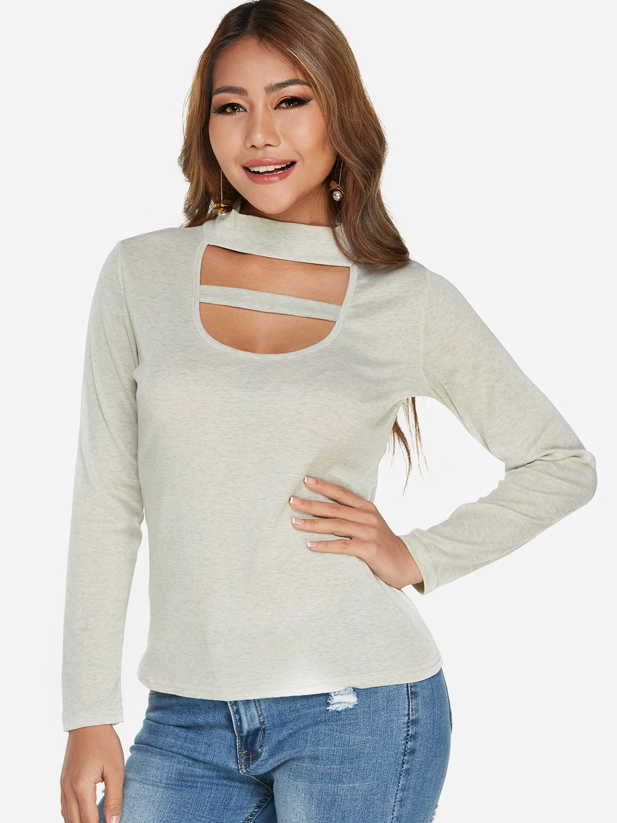 Wholesale Perkins Collar Plain Cut Out Long Sleeve Grey T-Shirts