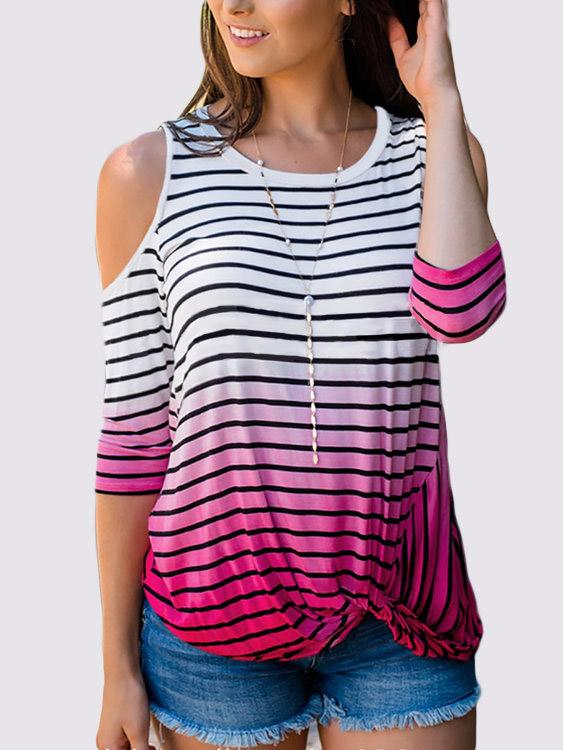 Wholesale Rose Round Neck Cold Shoulder 3/4 Sleeve Length Stripe T-Shirts