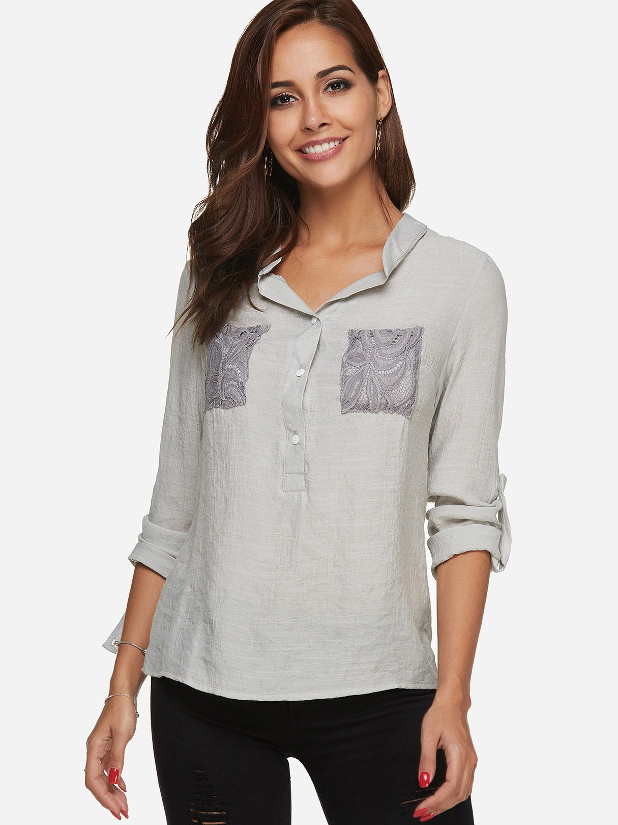 Wholesale V-Neck Lace Long Sleeve Grey T-Shirts