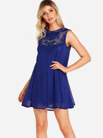 Wholesale Blue Crew Neck Sleeveless Lace Casual Dresses