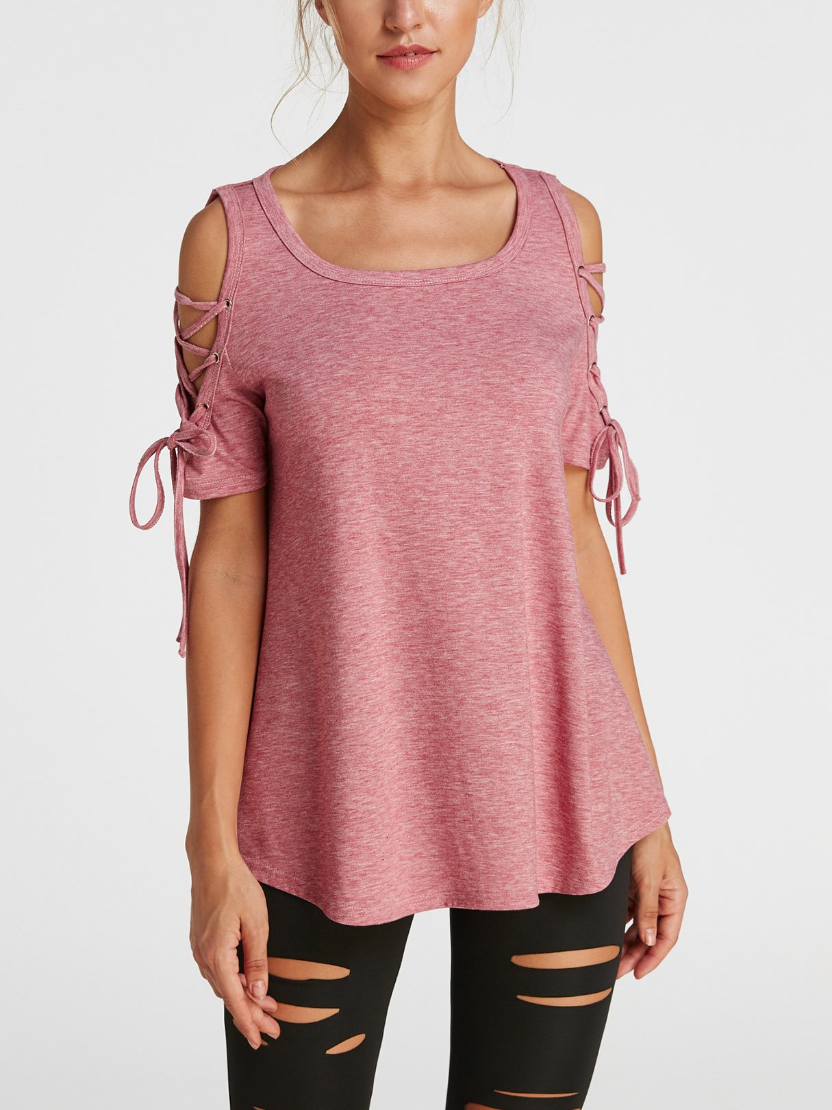 Wholesale Round Neck Cold Shoulder Lace-Up Short Sleeve T-Shirts