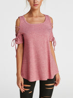 Wholesale Round Neck Cold Shoulder Lace-Up Short Sleeve T-Shirts