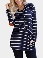 Wholesale Pullover Stripe Two Large Pockets Hooded Long Sleeve Navy T-Shirts