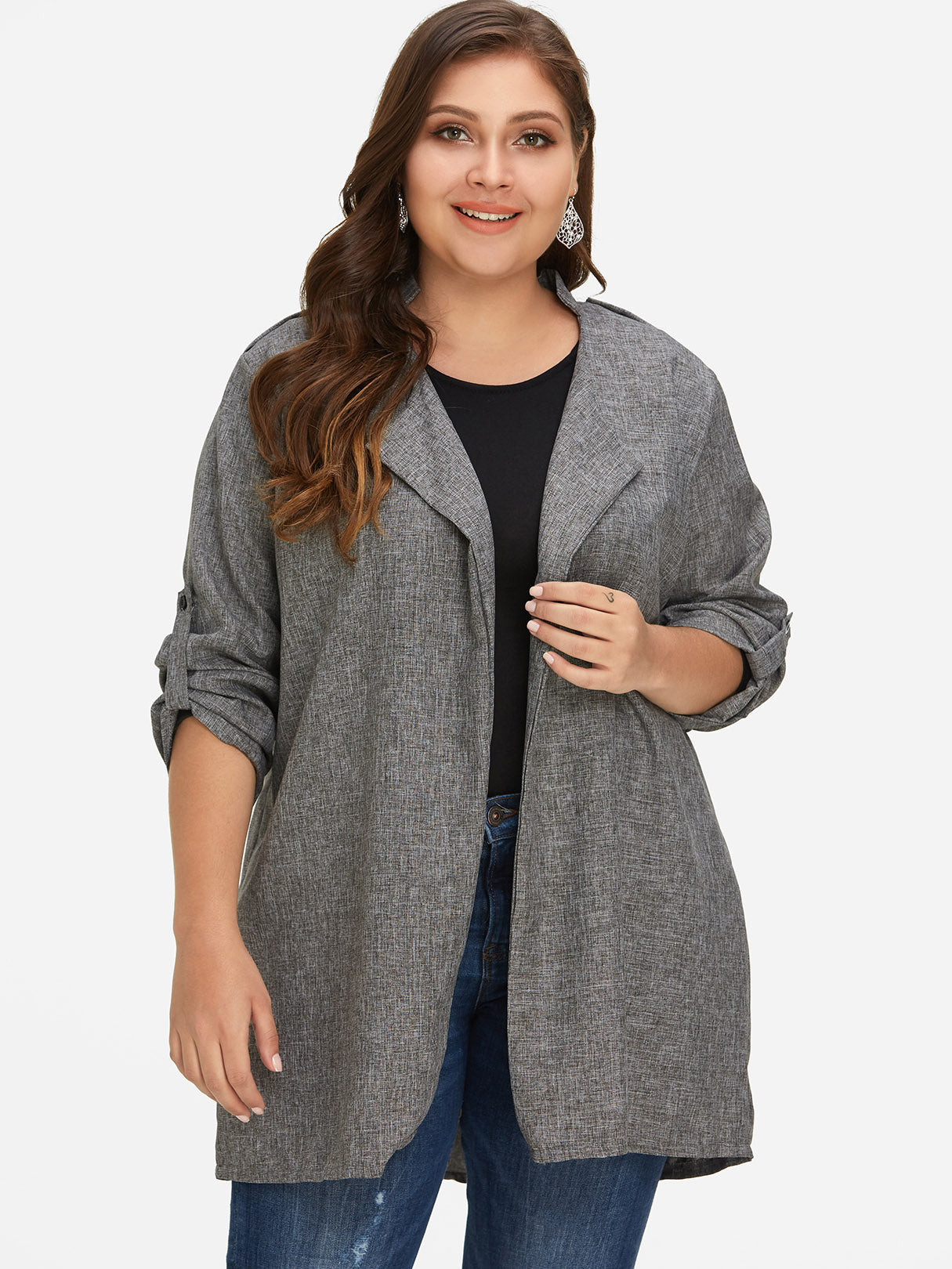 Wholesale Lapel Collar Plain Long Sleeve Grey Plus Size Coats & Jackets