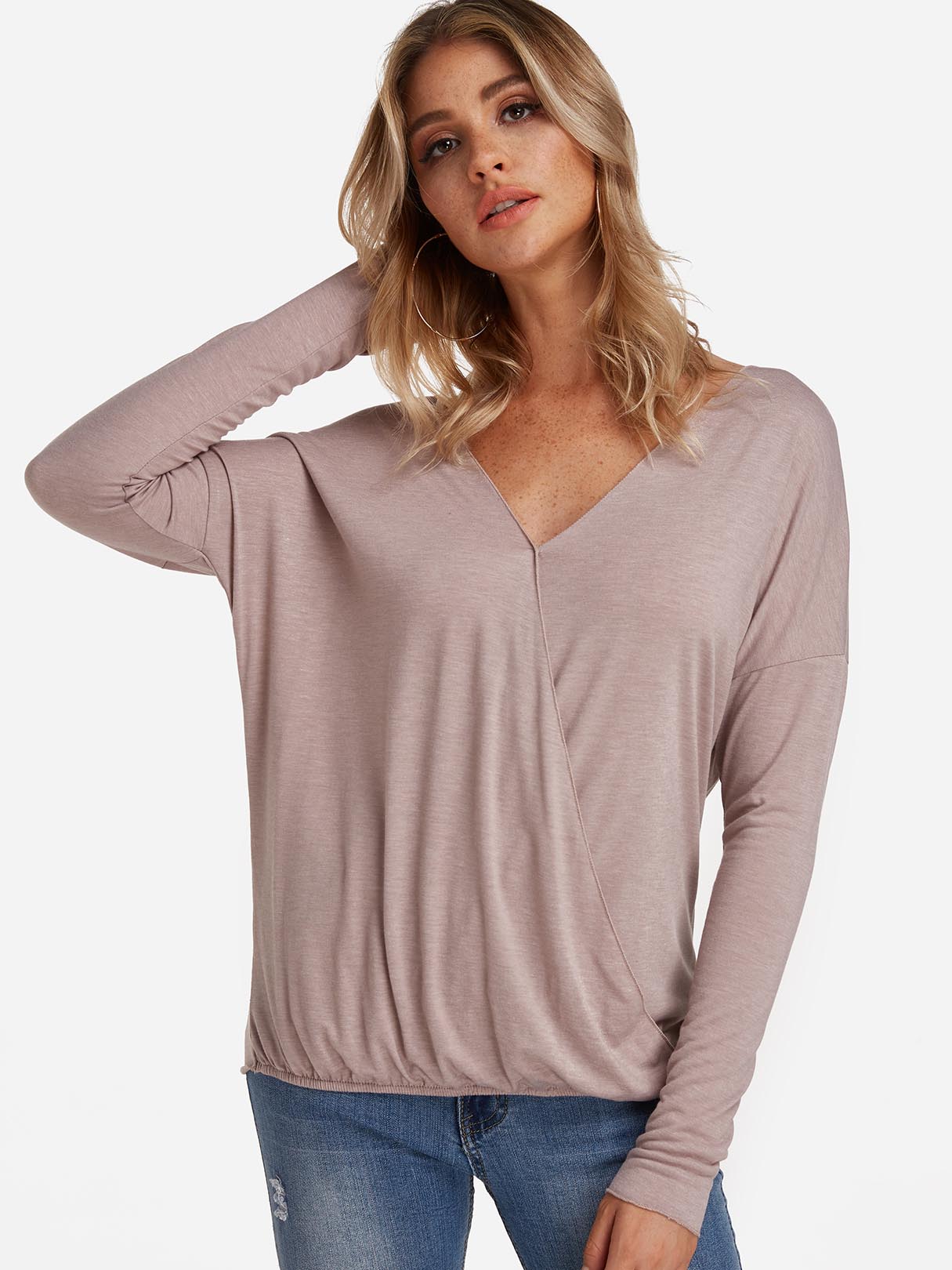 Wholesale V-Neck Plain Pleated Long Sleeve Irregular Hem Khaki T-Shirts
