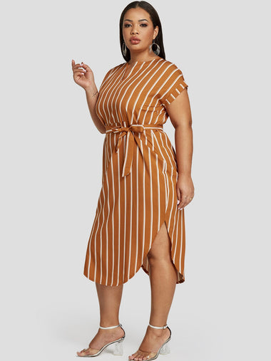 Wholesale V-Neck Stripe Belt Short Sleeve Plus Size Dress