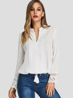 Wholesale V-Neck Plain Tassel Lace Long Sleeve Beige Blouses