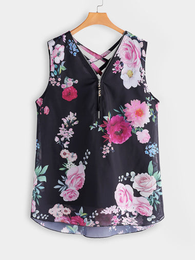 Wholesale V-Neck Floral Print Zip Pockets Sleeveless Curved Hem Plus Size Tops