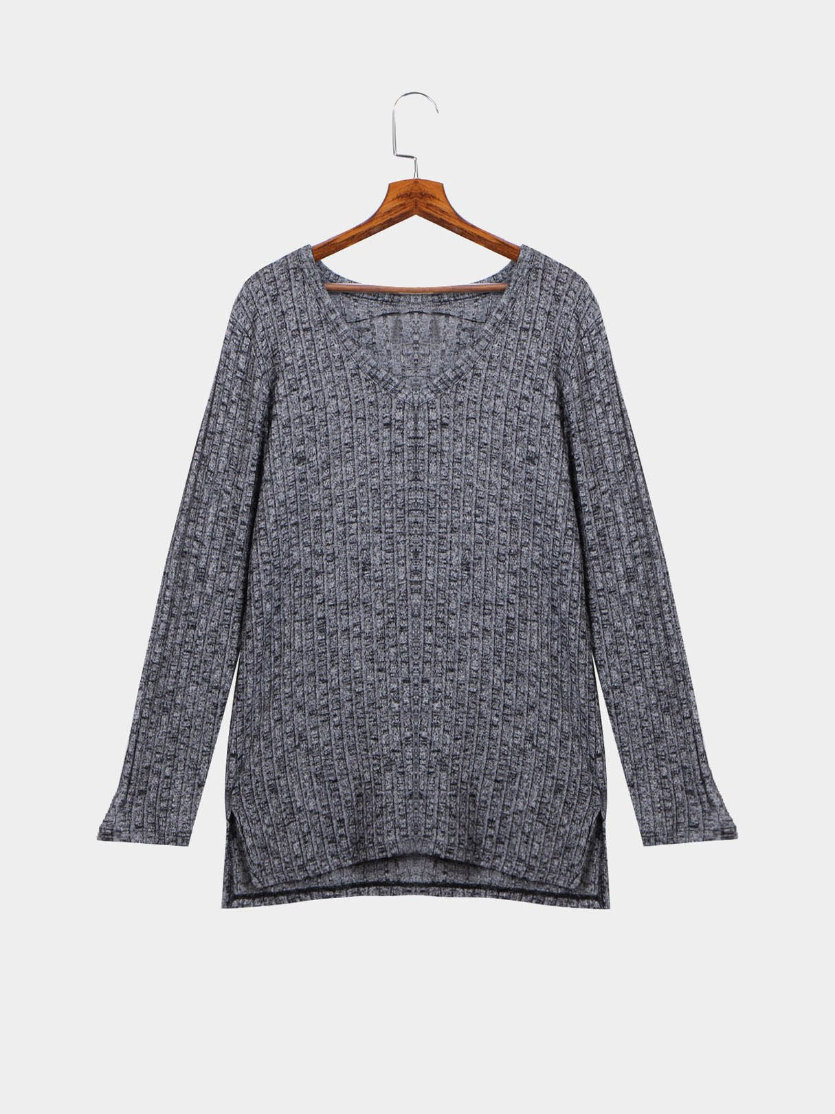 Wholesale Long Sleeve V Neck Plain Split Side Grey T-Shirts