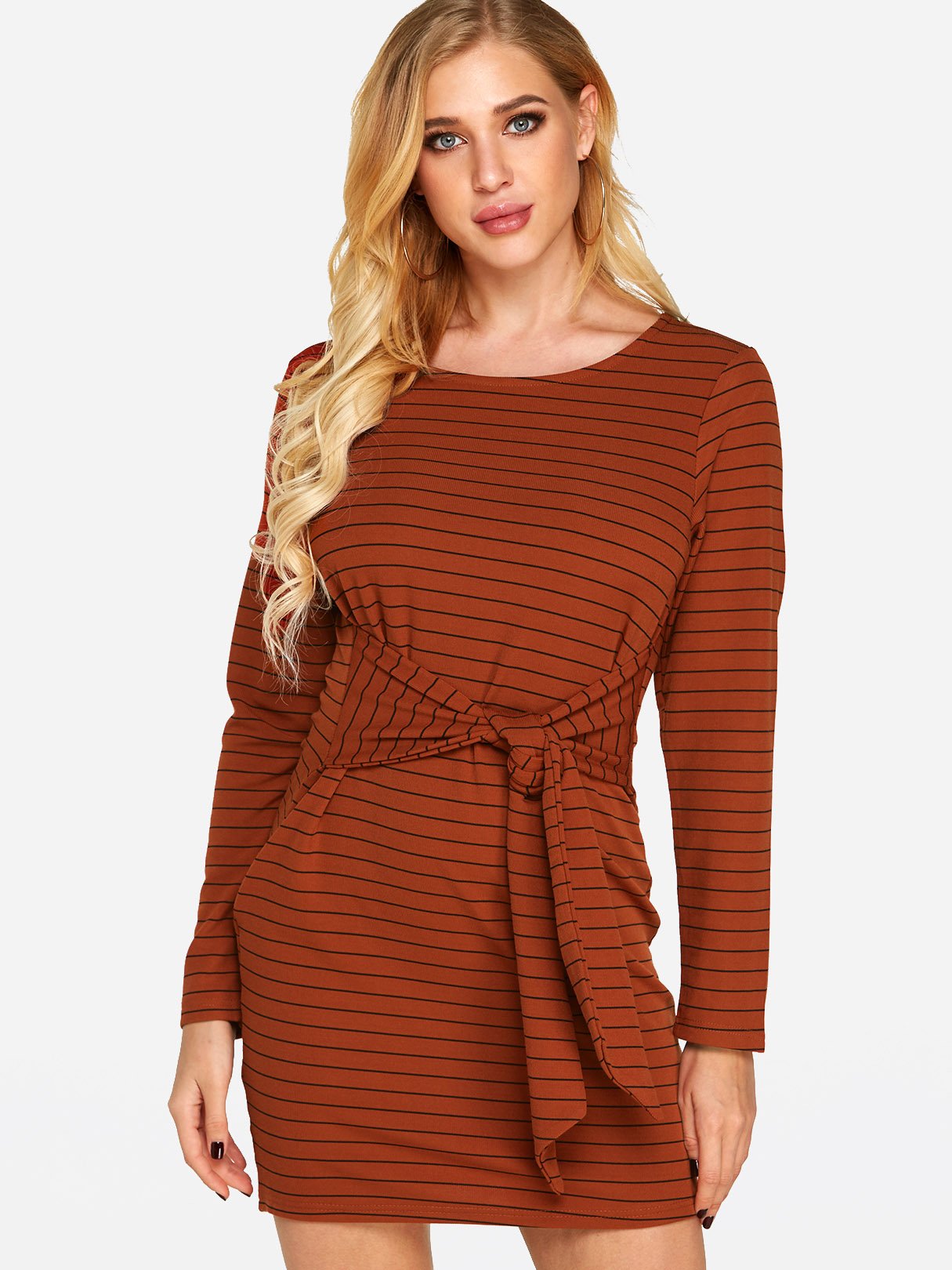 Wholesale Red Round Neck Long Sleeve Stripe Self-Tie Casual Dress