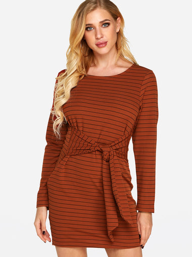 Wholesale Red Round Neck Long Sleeve Stripe Self-Tie Casual Dress