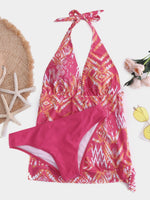 Wholesale Halter Tribal Print Backless Lace-Up Pink Tankinis