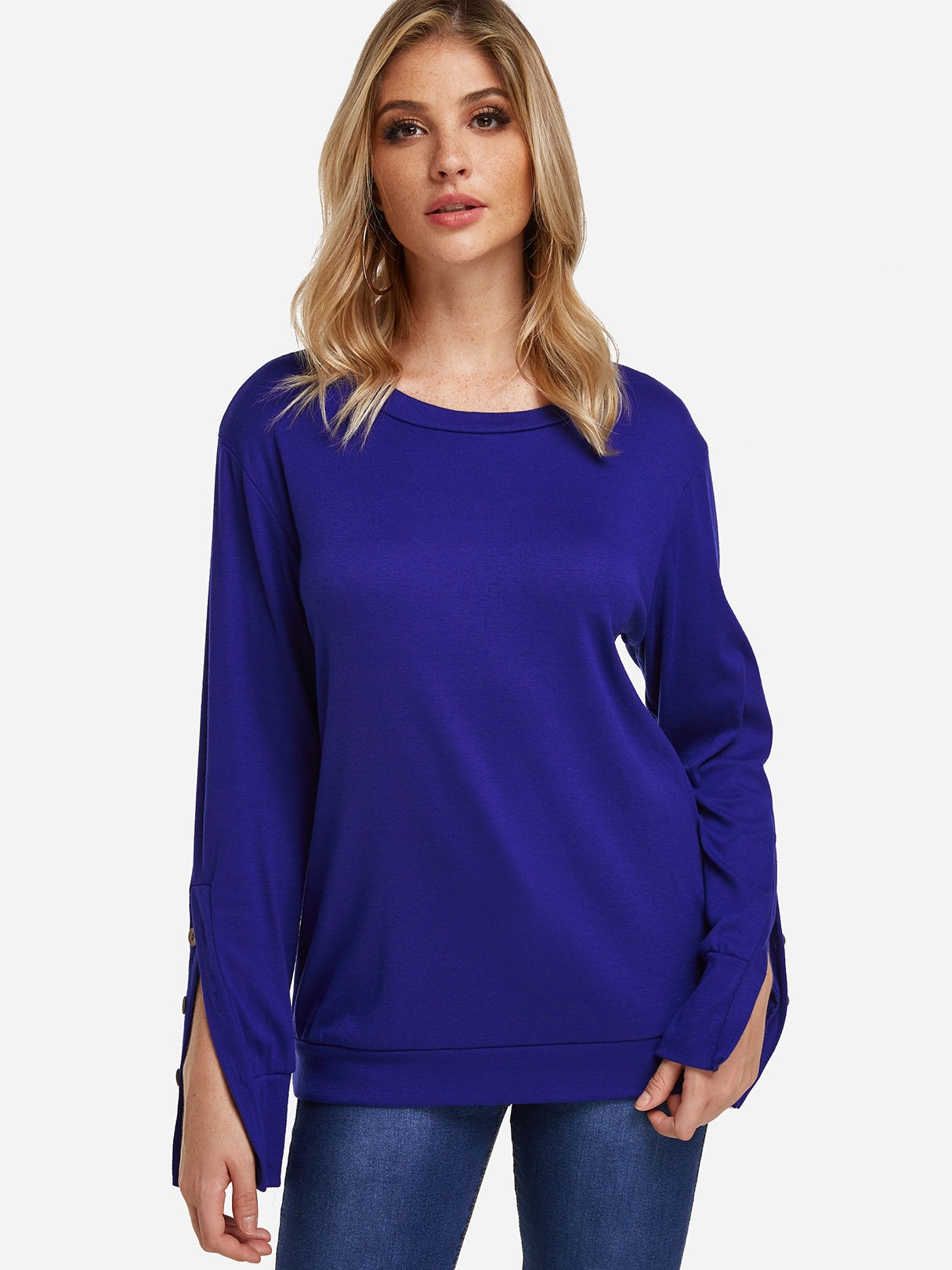 Wholesale Crew Neck Plain Slit Long Sleeve T-Shirts