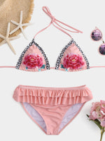 Wholesale Halter Floral Print Backless Tie-Up Flounced Hem Pink Bikinis