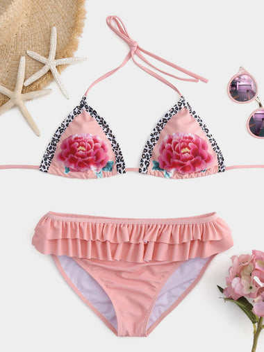 Wholesale Pink Halter Floral Print Backless Tie-Up Flounced Hem Bikinis