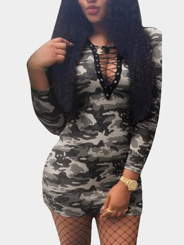 Wholesale Green Deep V Neck Long Sleeve Camouflage Lace-Up Mini Dress