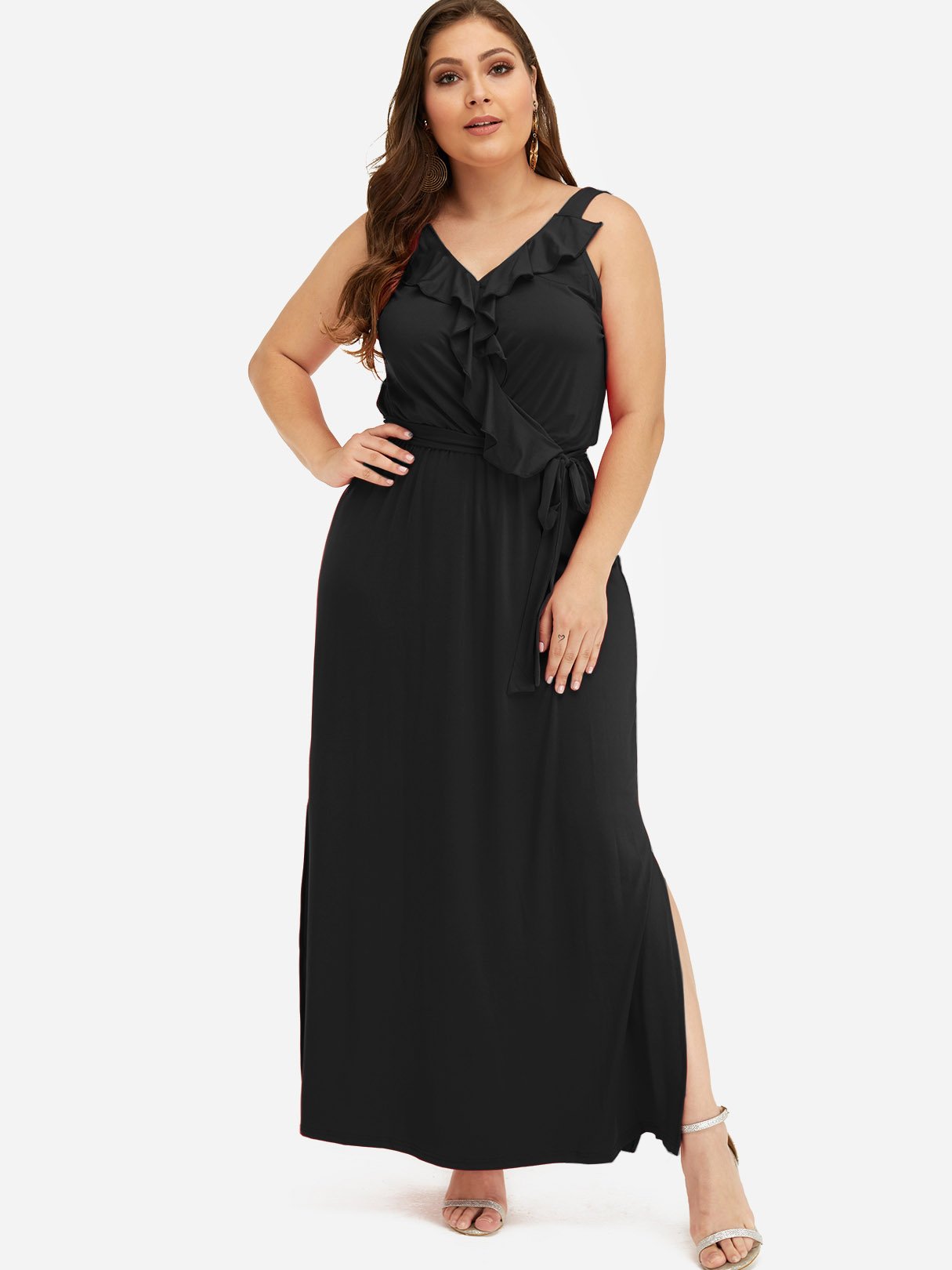 Wholesale V-Neck Plain Belt Ruffle Trim Sleeveless Black Plus Size Dress