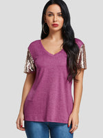 Wholesale V-Neck Sequins Embellished Short Sleeve T-Shirts