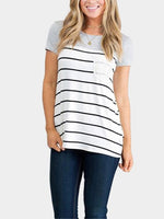 Wholesale Round Neck Stripe Lace Short Sleeve Grey T-Shirts