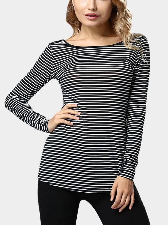 Wholesale Round Neck Stripe Long Sleeve Fashion Tee