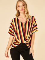 Wholesale V-Neck Stripe Twist Half Sleeve Blouses