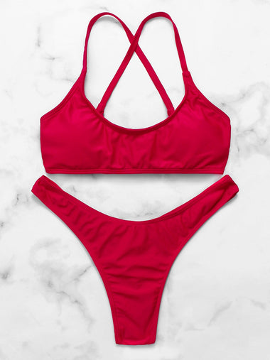 Wholesale Red Scoop Neck Sleeveless Plain Criss-Cross Tie-Up Two Piece Bikinis