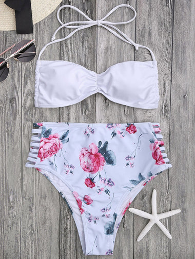 Wholesale White Halter Sleeveless Floral Print Cut Out Self-Tie High Waist 2 Piece Bikinis