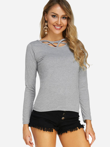 Wholesale Round Neck Plain Lace-Up Long Sleeve Top