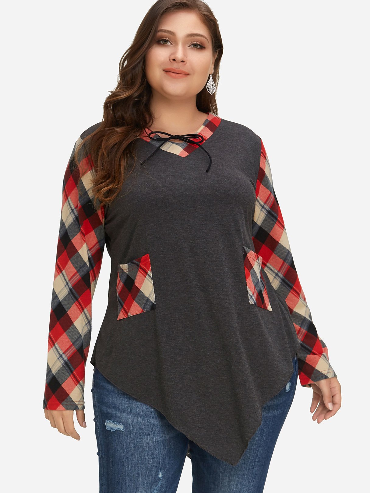 Wholesale V-Neck Grid Side Pockets Long Sleeve Asymmetrical Hem Grey Plus Size Tops