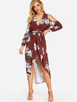 Wholesale V-Neck Cold Shoulder Long Sleeve Floral Print Self-Tie Wrap Maxi Dress